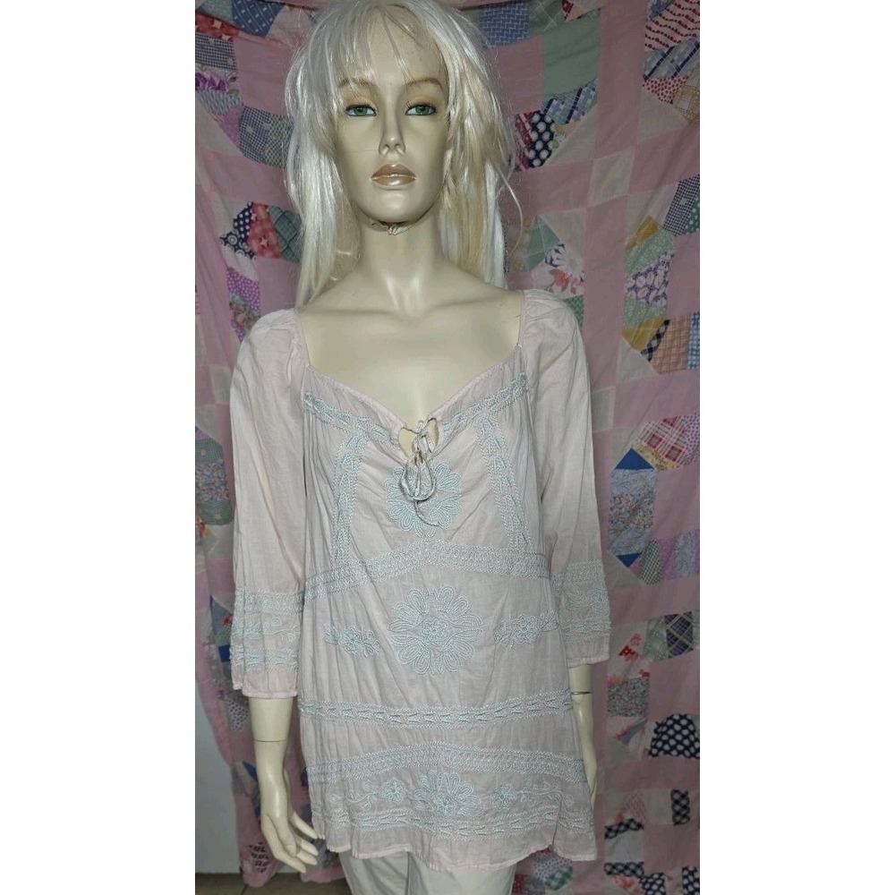 Johnny Was 3J Workshop Embroidered Cotton Tunic Light Baby Pink Size‎ Large Boho